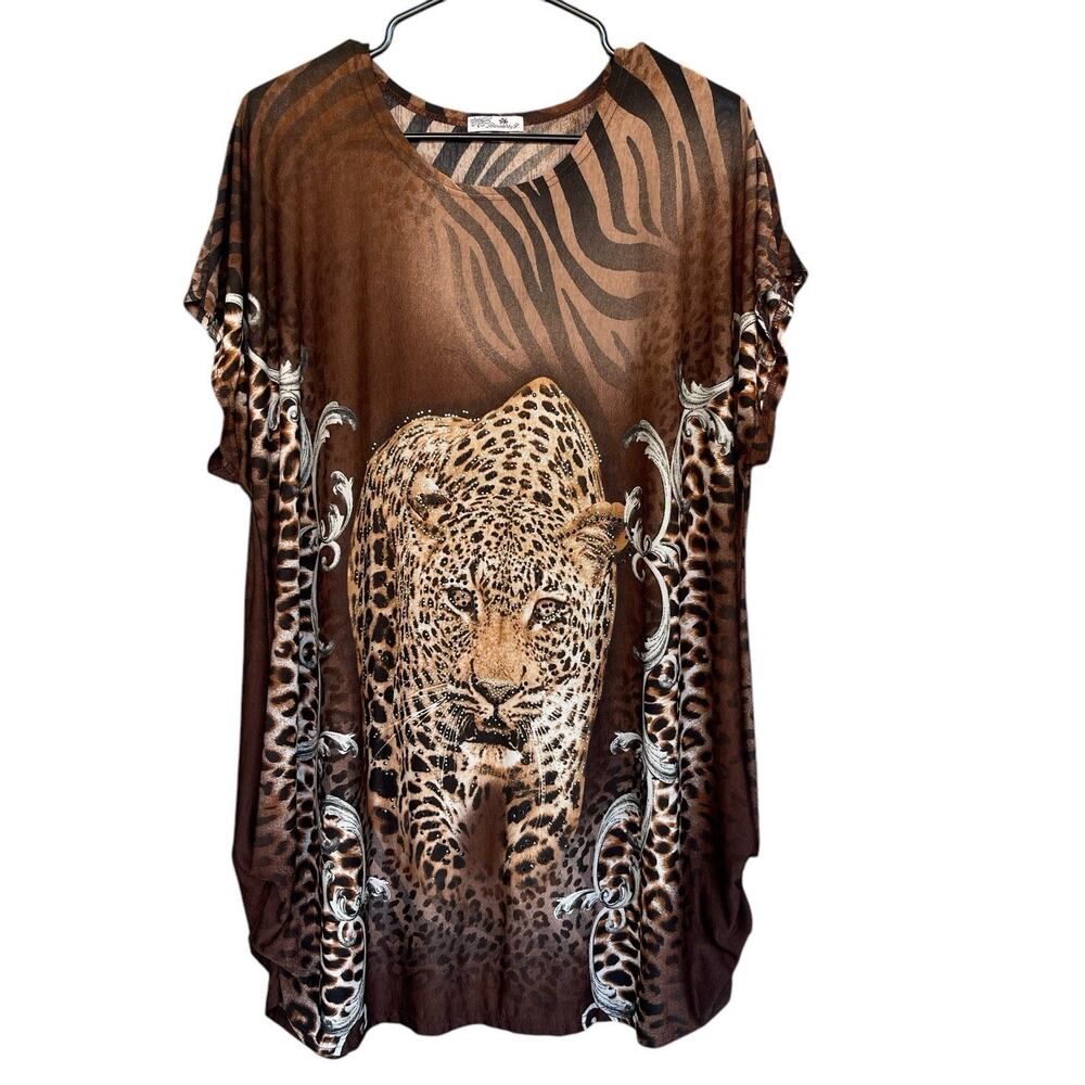 Y2K Blossom by P Womens Mesh Top One Size‎ Large Beaded Tiger Boho Animal Print
